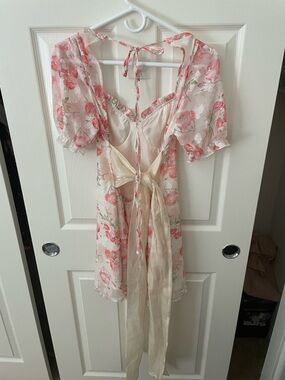 Sheer Floral Tie-Back Mini Dress in Cream & Pink